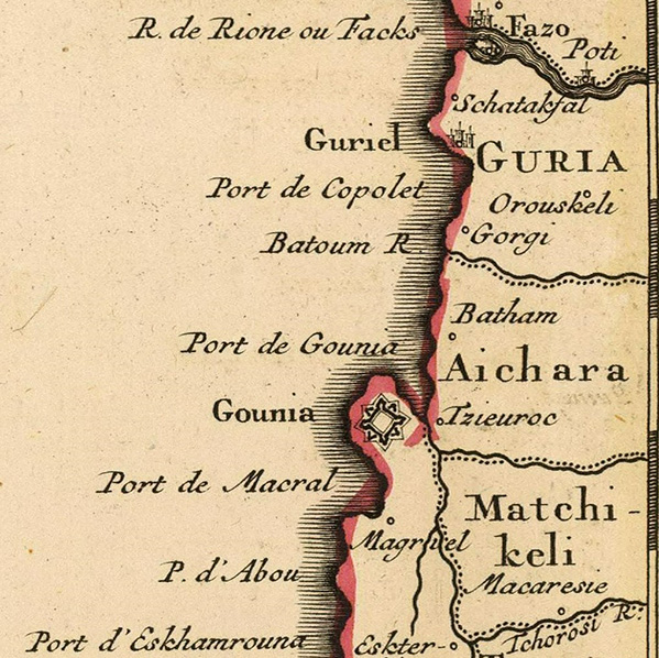 დეტალი 1742 წლის შავი ზღვის რუკიდან - საქართველოს სანაპირო (მაჭახელი, აჭარა, გურია), სადაც აღნიშნული Batham (ბათამ), ანუ ბათუმი